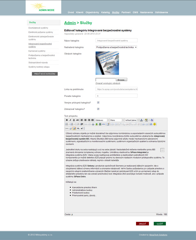 Web portál - objednávkový systém - administrácia